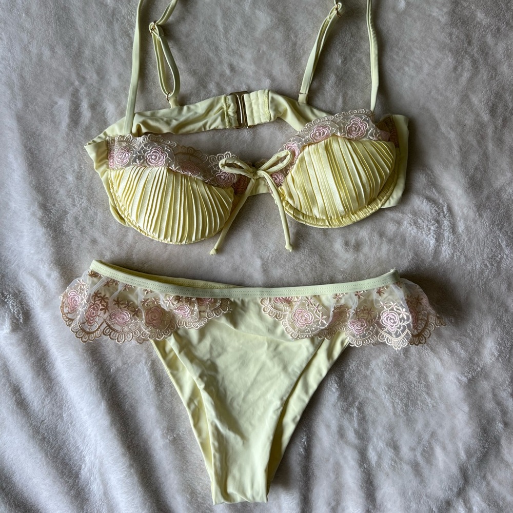 Yellow and pink lace bikini